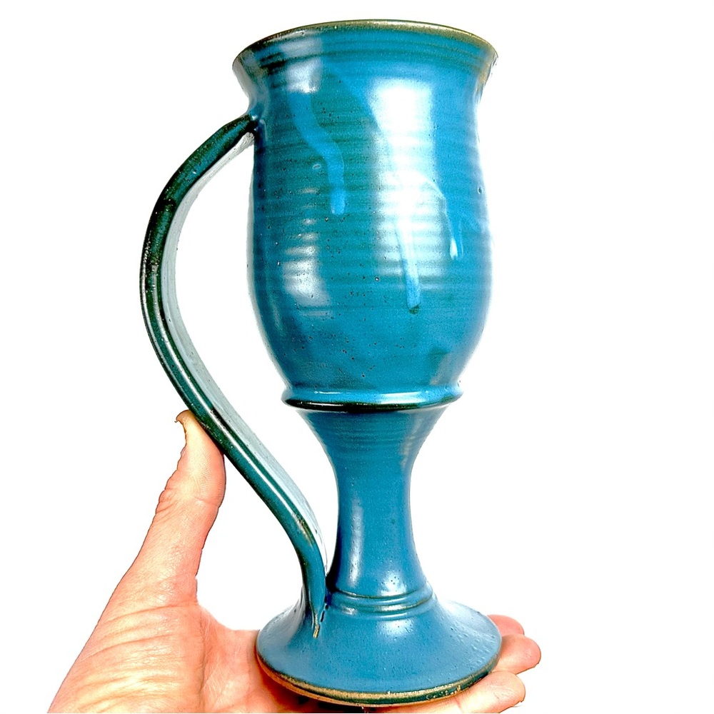 POTTERY MUG CHALICE Hand Made Art Hand Thrown Vintage Kiln Glazed Turquoise Teal